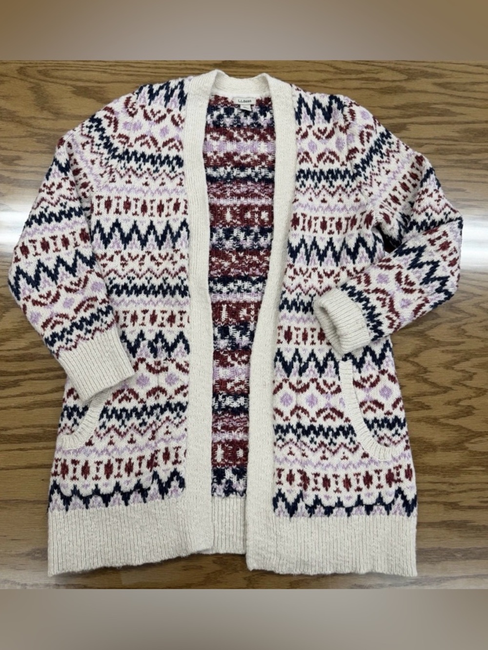 Vintage LL Bean Sweater White Fair Isle Cardigan Knit Open Jumper Sz S  50817